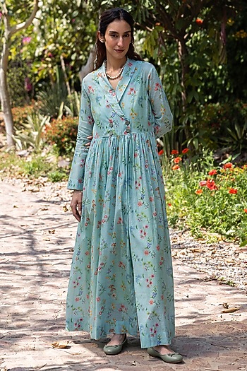 Blue Handwoven Fine Silk Khadi Floral Printed Maxi Vacation Dress by Surmaye  at Pernia's Pop Up Shop