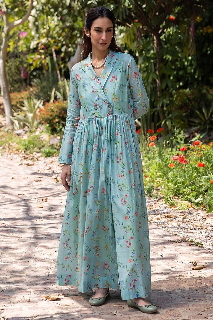 Blue Handwoven Fine Silk Khadi Floral Printed Maxi Vacation Dress by Surmaye  at Pernia's Pop Up Shop
