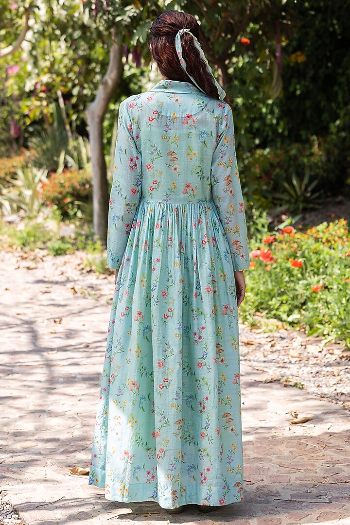 Blue Handwoven Fine Silk Khadi Floral Printed Maxi Vacation Dress by Surmaye  at Pernia's Pop Up Shop