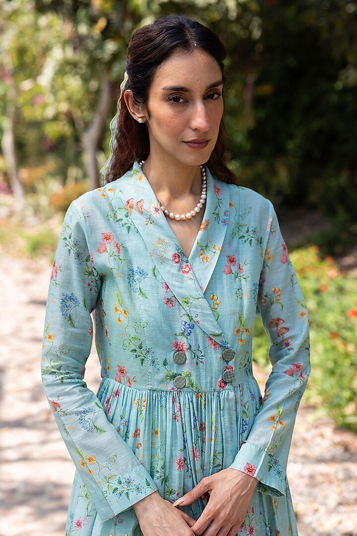 Blue Handwoven Fine Silk Khadi Floral Printed Maxi Vacation Dress by Surmaye  at Pernia's Pop Up Shop