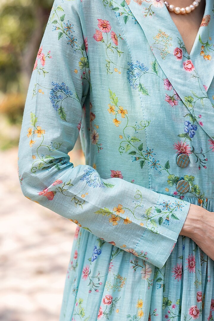 Blue Handwoven Fine Silk Khadi Floral Printed Maxi Vacation Dress by Surmaye  at Pernia's Pop Up Shop