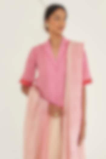 Pink Handwoven Silk Khadi Checkered Blouse by Surmaye at Pernia's Pop Up Shop