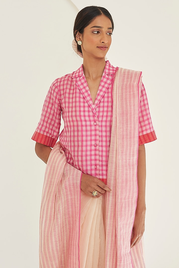 Pink Handwoven Silk Khadi Checkered Blouse by Surmaye at Pernia's Pop Up Shop