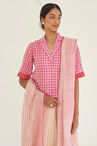 Pink Handwoven Silk Khadi Checkered Blouse by Surmaye