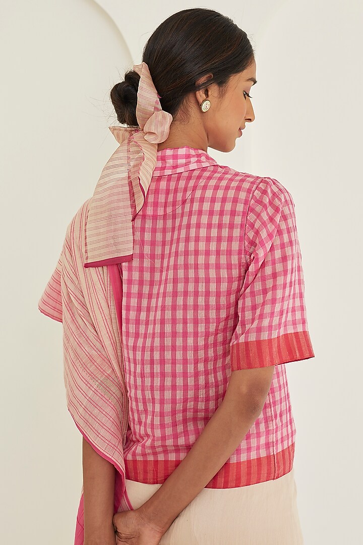 Pink Handwoven Silk Khadi Checkered Blouse by Surmaye at Pernia's Pop Up Shop