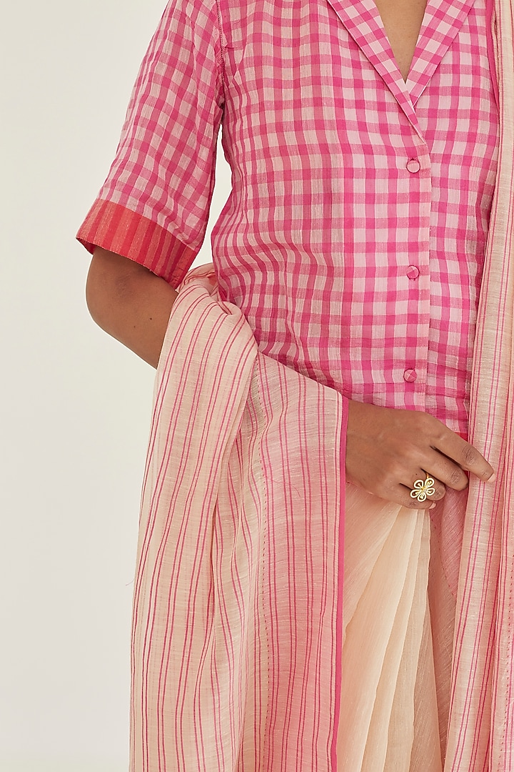 Pink Handwoven Silk Khadi Checkered Blouse by Surmaye at Pernia's Pop Up Shop