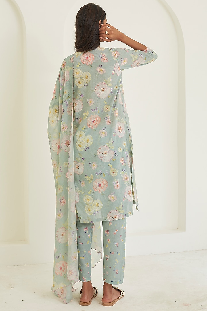 Sage Green Handwoven Khadi Floral Printed Kurta Set by Surmaye at Pernia's Pop Up Shop