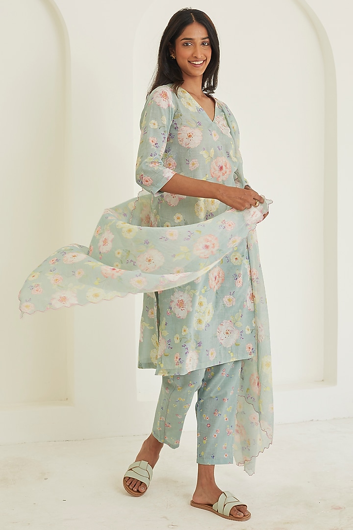 Sage Green Handwoven Khadi Floral Printed Kurta Set by Surmaye at Pernia's Pop Up Shop