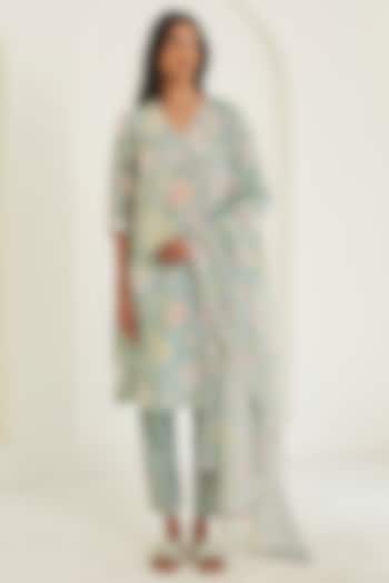 Sage Green Handwoven Sooti Chanderi Floral Printed Dupatta by Surmaye at Pernia's Pop Up Shop