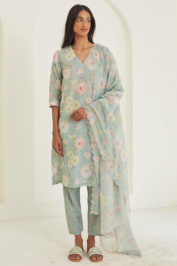 Sage Green Handwoven Sooti Chanderi Floral Printed Dupatta by Surmaye at Pernia's Pop Up Shop