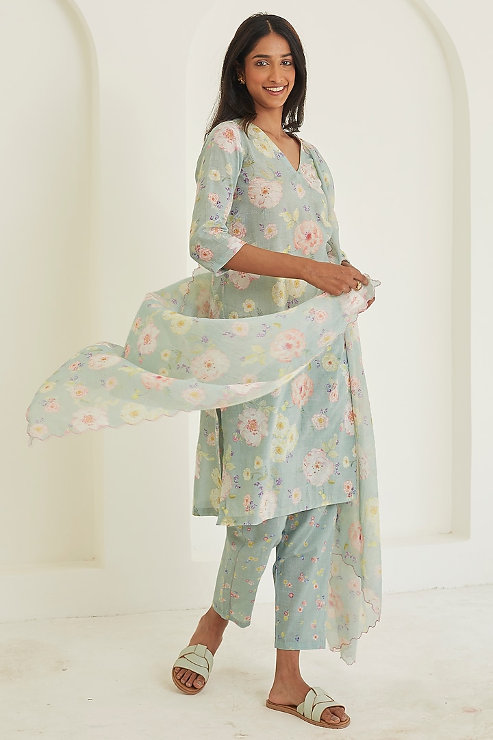 Sage Green Handwoven Sooti Chanderi Floral Printed Dupatta by Surmaye at Pernia's Pop Up Shop