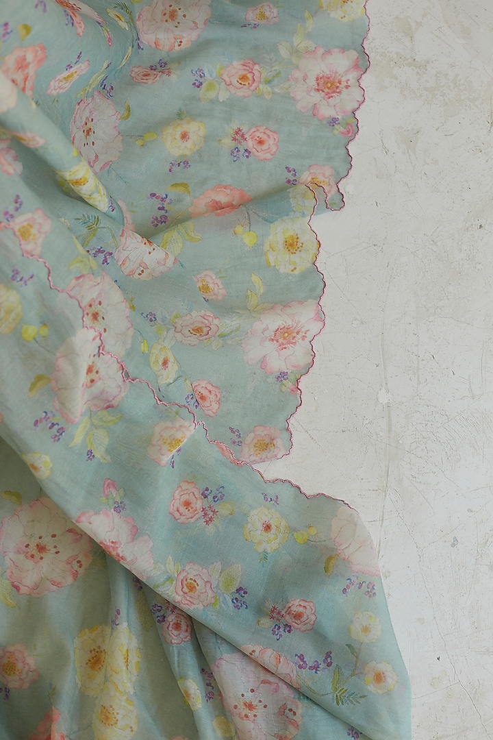 Sage Green Handwoven Sooti Chanderi Floral Printed Dupatta by Surmaye at Pernia's Pop Up Shop