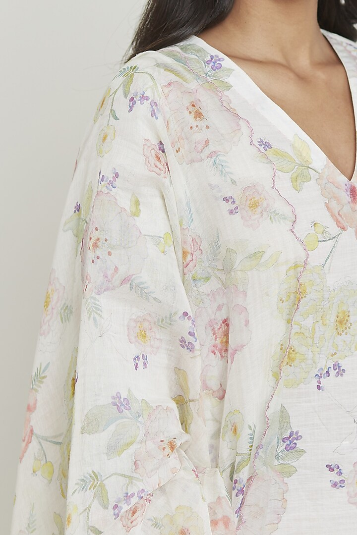 Ivory Handwoven Sooti Chanderi Floral Printed Dupatta by Surmaye at Pernia's Pop Up Shop