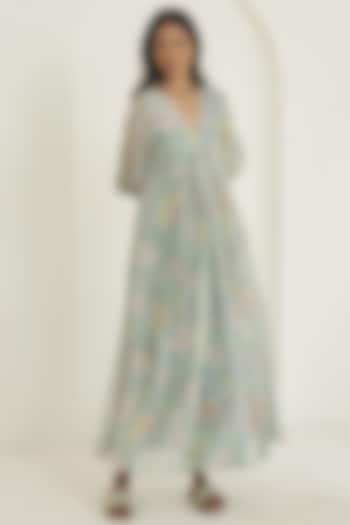 Sage Green Handwoven Sooti Chanderi Floral Printed Summer Dress by Surmaye at Pernia's Pop Up Shop
