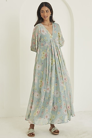 Sage Green Handwoven Sooti Chanderi Floral Printed Dress by Surmaye