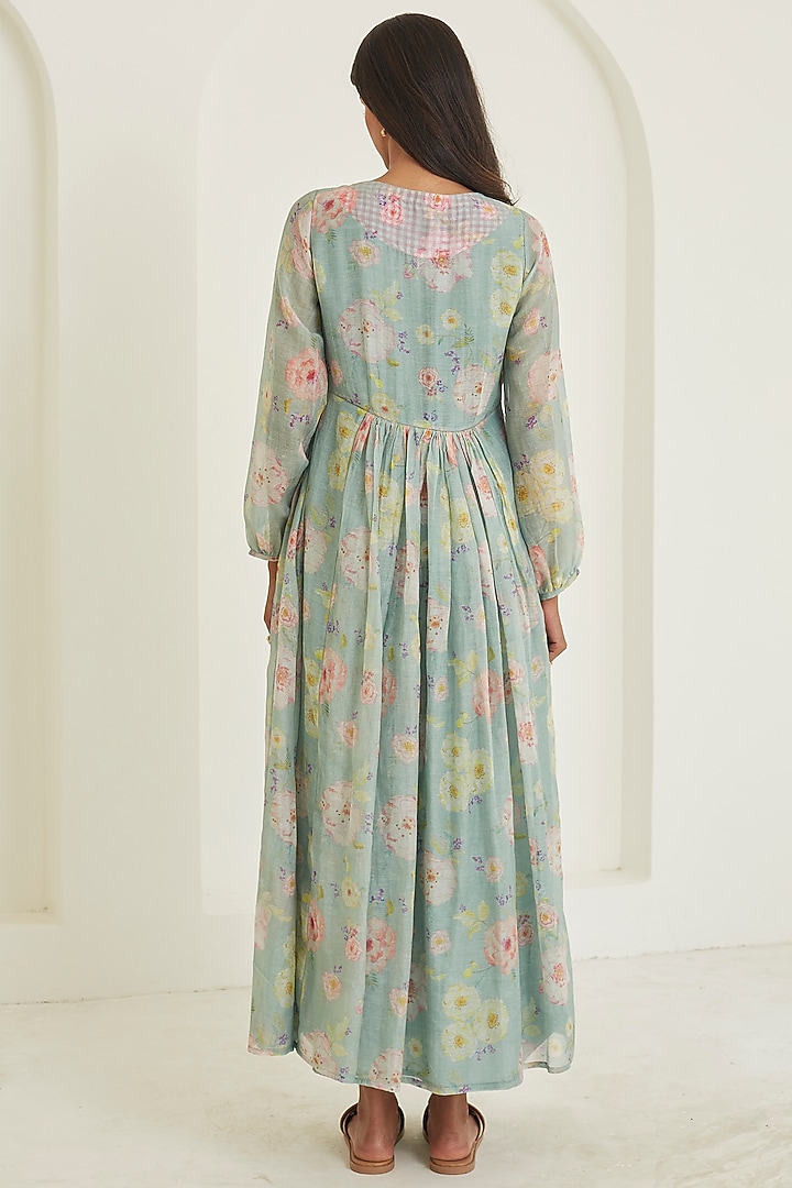 Sage Green Handwoven Sooti Chanderi Floral Printed Summer Dress by Surmaye at Pernia's Pop Up Shop
