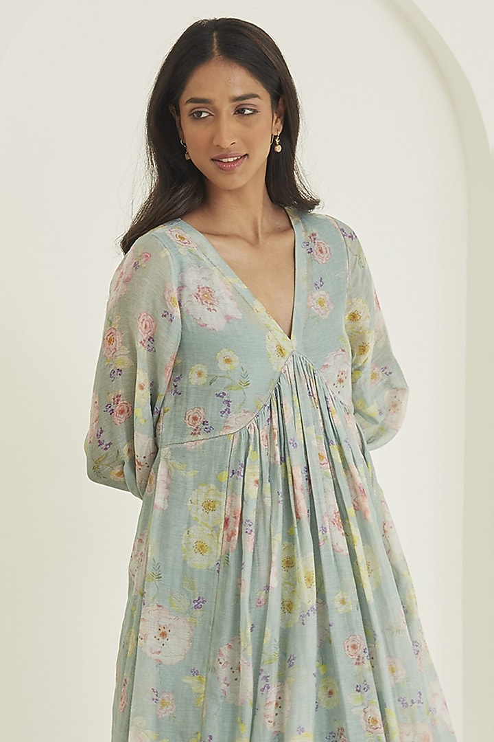 Sage Green Handwoven Sooti Chanderi Floral Printed Summer Dress by Surmaye at Pernia's Pop Up Shop