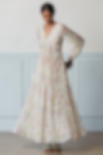 Ivory Handwoven Sooti Chanderi Floral Printed Summer Dress by Surmaye at Pernia's Pop Up Shop