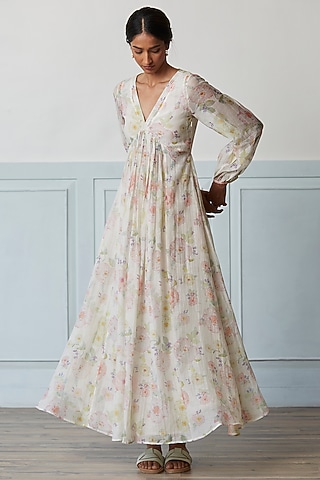 Ivory Handwoven Sooti Chanderi Floral Printed Dress by Surmaye