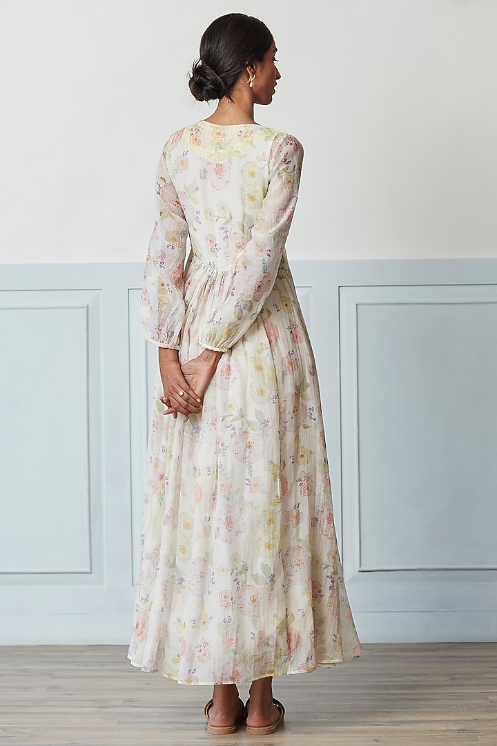 Ivory Handwoven Sooti Chanderi Floral Printed Summer Dress by Surmaye at Pernia's Pop Up Shop