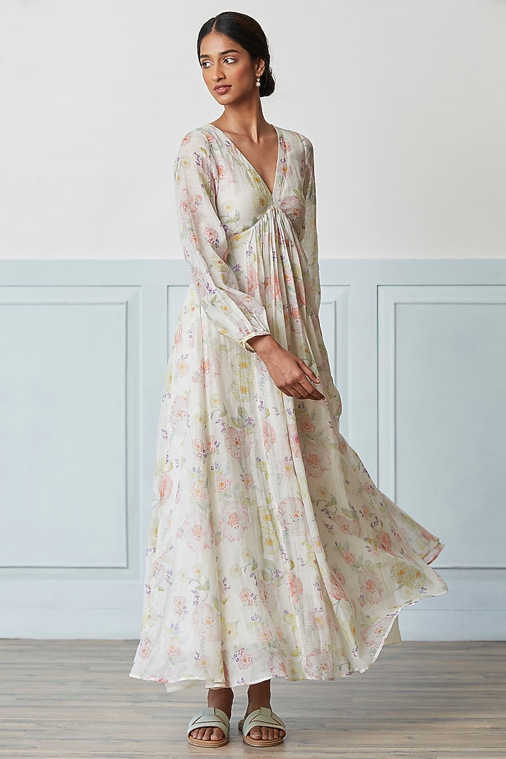 Ivory Handwoven Sooti Chanderi Floral Printed Summer Dress by Surmaye at Pernia's Pop Up Shop