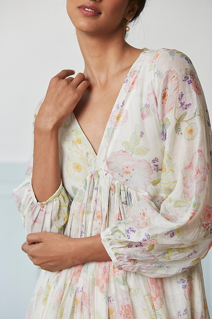 Ivory Handwoven Sooti Chanderi Floral Printed Summer Dress by Surmaye at Pernia's Pop Up Shop