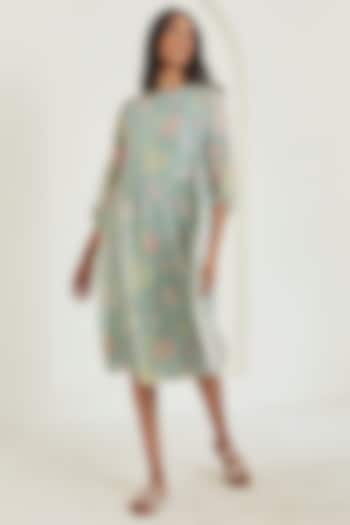Sage Green Sooti Chanderi Floral Printed Knee-Length Summer Dress by Surmaye at Pernia's Pop Up Shop