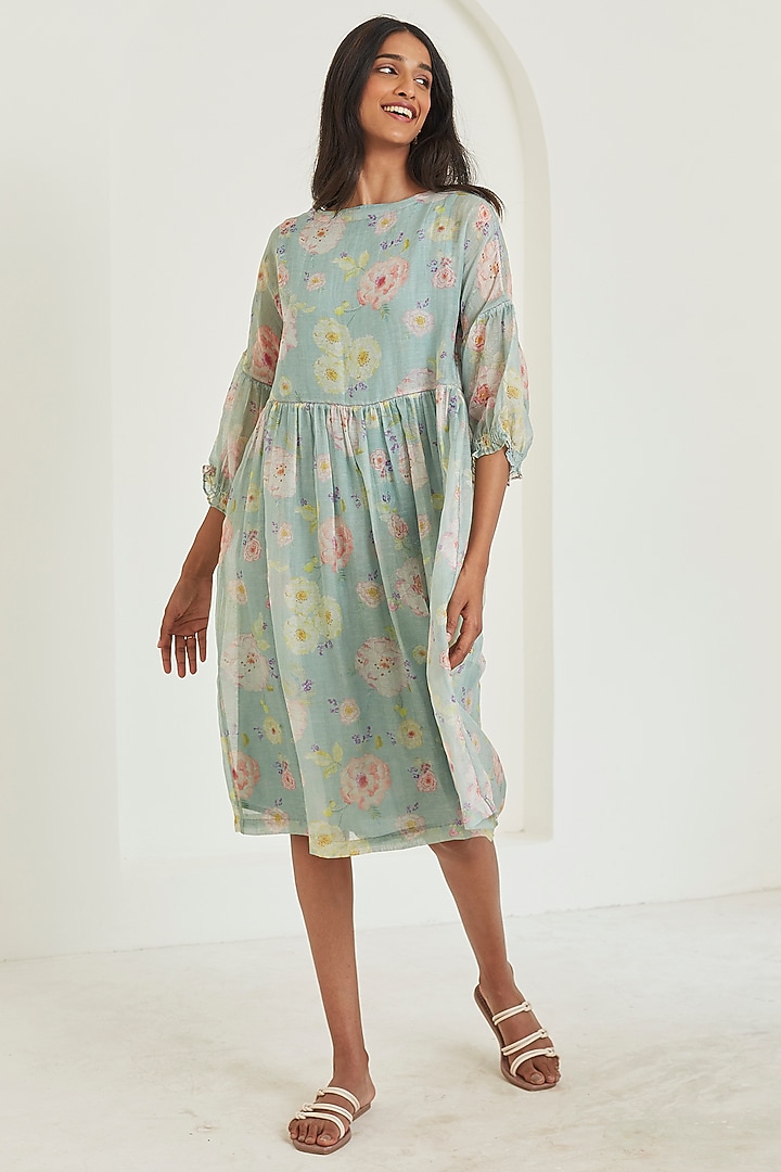 Sage Green Sooti Chanderi Floral Printed Knee-Length Summer Dress by Surmaye at Pernia's Pop Up Shop