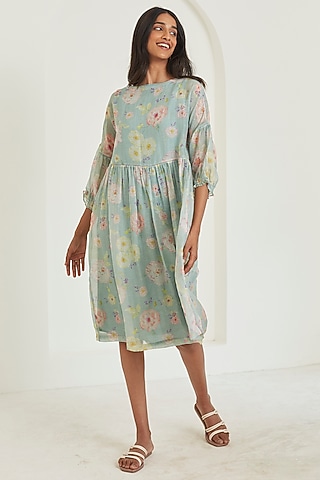 Sage Green Sooti Chanderi Floral Printed Knee-Length Dress by Surmaye