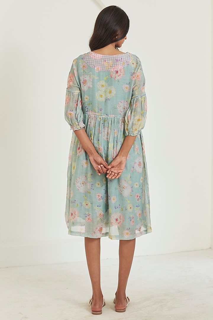 Sage Green Sooti Chanderi Floral Printed Knee-Length Summer Dress by Surmaye at Pernia's Pop Up Shop