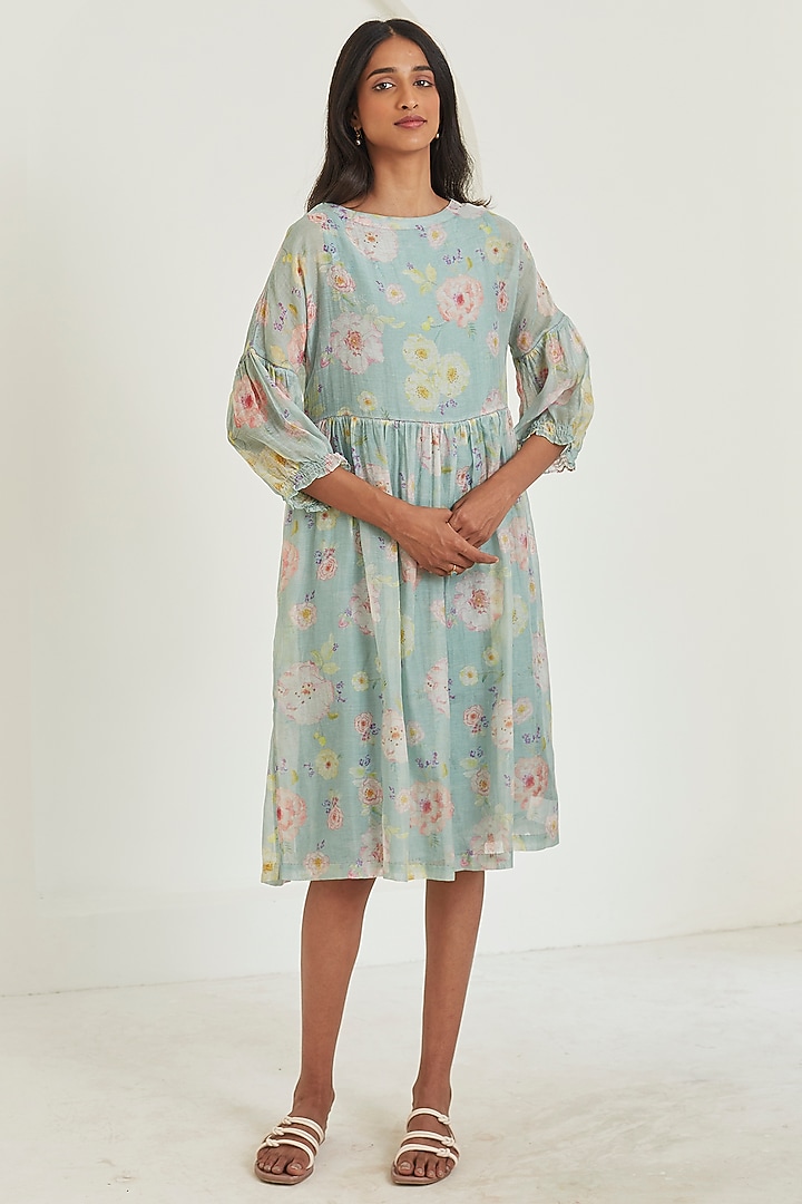 Sage Green Sooti Chanderi Floral Printed Knee-Length Summer Dress by Surmaye at Pernia's Pop Up Shop
