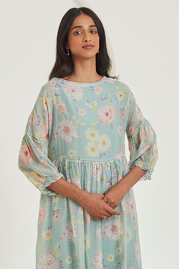 Sage Green Sooti Chanderi Floral Printed Knee-Length Summer Dress by Surmaye at Pernia's Pop Up Shop