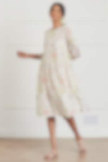 Ivory Sooti Chanderi Floral Printed Knee-Length Summer Dress by Surmaye at Pernia's Pop Up Shop