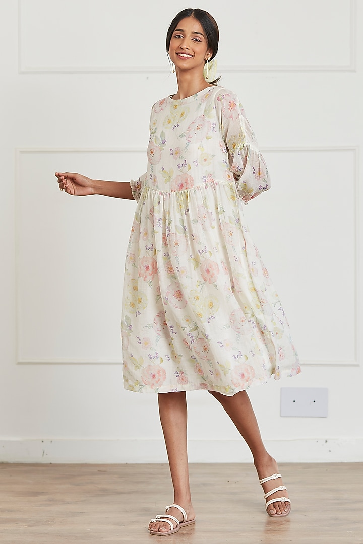 Ivory Sooti Chanderi Floral Printed Knee-Length Summer Dress by Surmaye at Pernia's Pop Up Shop