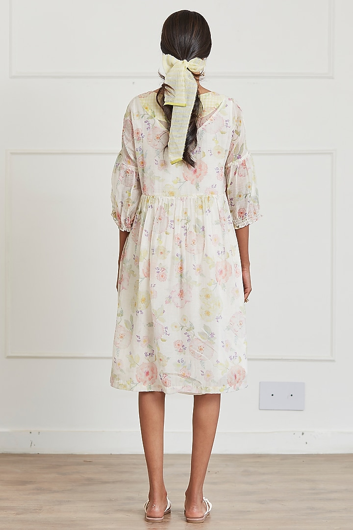 Ivory Sooti Chanderi Floral Printed Knee-Length Summer Dress by Surmaye at Pernia's Pop Up Shop