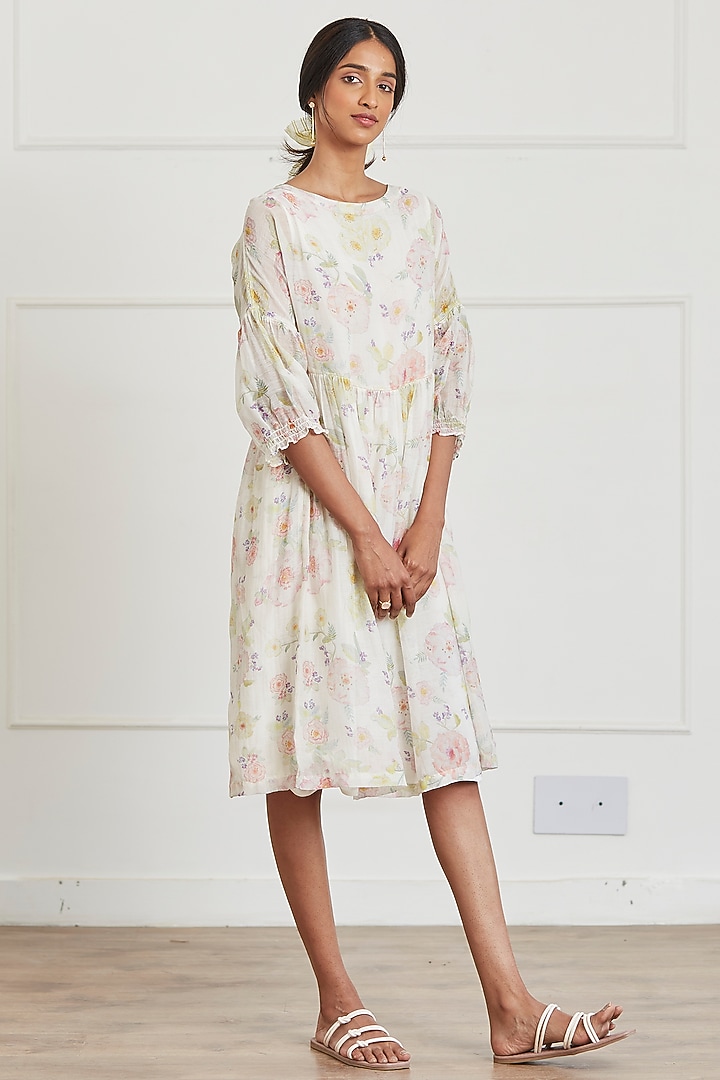Ivory Sooti Chanderi Floral Printed Knee-Length Summer Dress by Surmaye at Pernia's Pop Up Shop