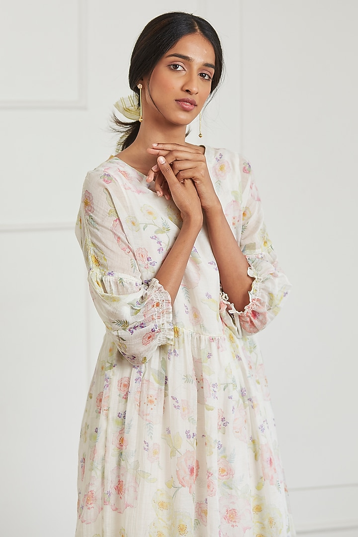 Ivory Sooti Chanderi Floral Printed Knee-Length Summer Dress by Surmaye at Pernia's Pop Up Shop