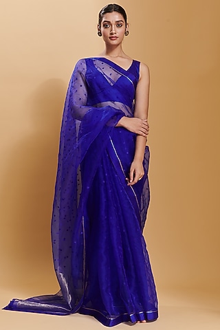 Blue Handwoven Organza Silk Jamdani Saree by Surmaye
