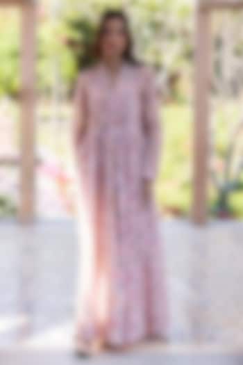 Pink Handwoven Fine Silk Khadi Floral Printed Maxi Vacation Dress by Surmaye  at Pernia's Pop Up Shop