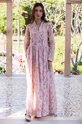 Pink Handwoven Fine Silk Khadi Floral Printed Maxi Dress by Surmaye 