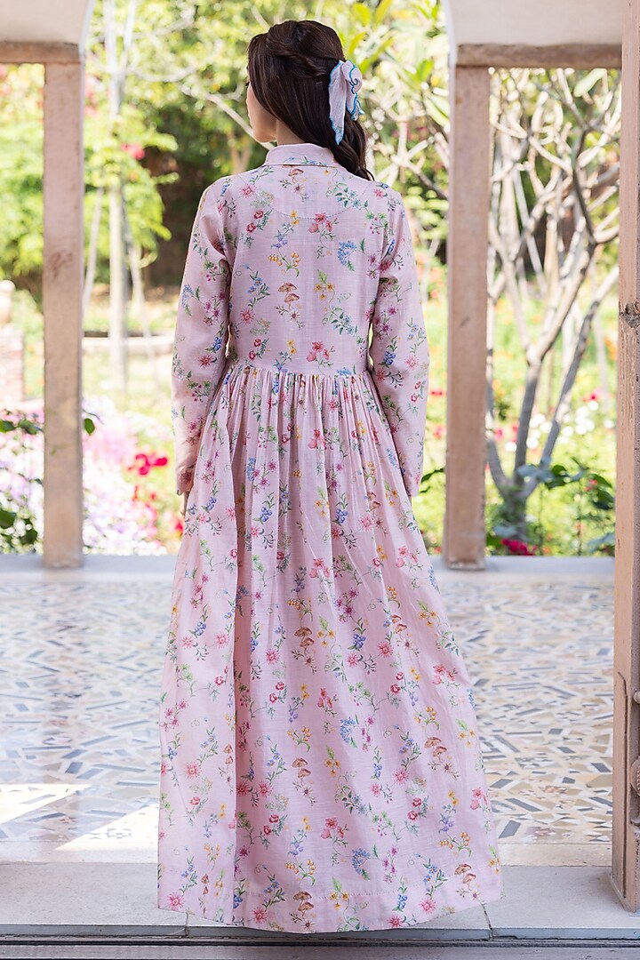 Pink Handwoven Fine Silk Khadi Floral Printed Maxi Vacation Dress by Surmaye at Pernia's Pop Up Shop