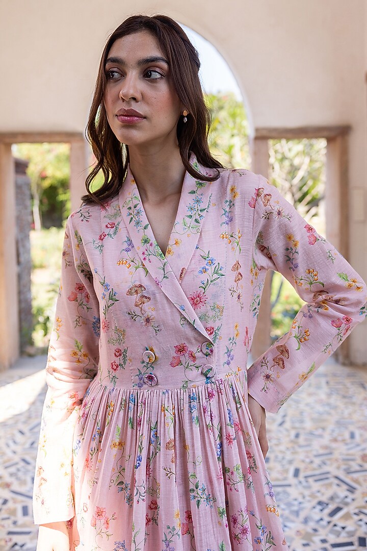 Pink Handwoven Fine Silk Khadi Floral Printed Maxi Vacation Dress by Surmaye at Pernia's Pop Up Shop