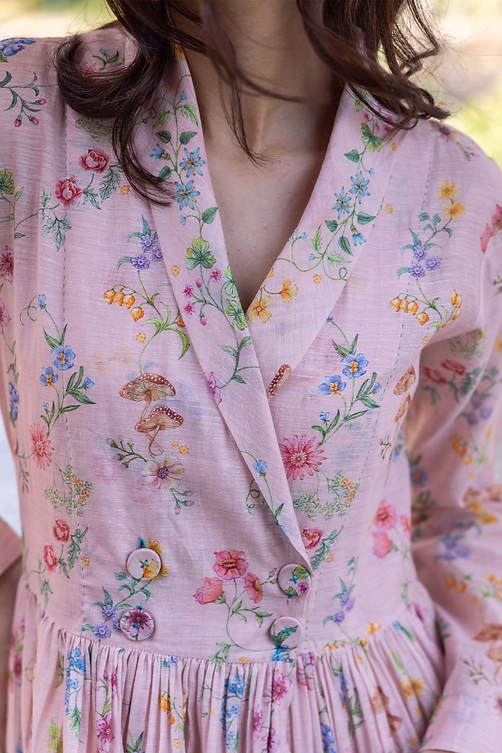 Pink Handwoven Fine Silk Khadi Floral Printed Maxi Vacation Dress by Surmaye at Pernia's Pop Up Shop