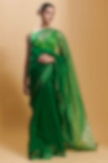 Green Handwoven Organza Silk Jamdani Party Wear Saree by Surmaye at Pernia's Pop Up Shop
