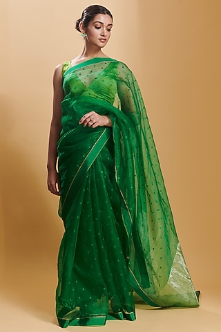 Green Handwoven Organza Silk Jamdani Saree by Surmaye