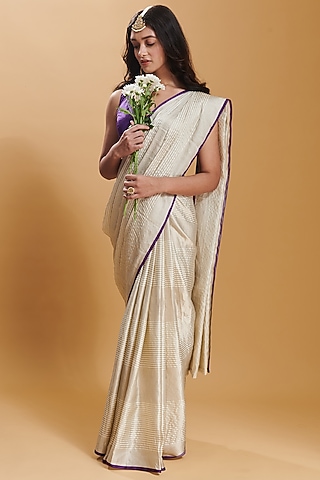 Ivory Handwoven Mulberry Silk Satin Saree by Surmaye