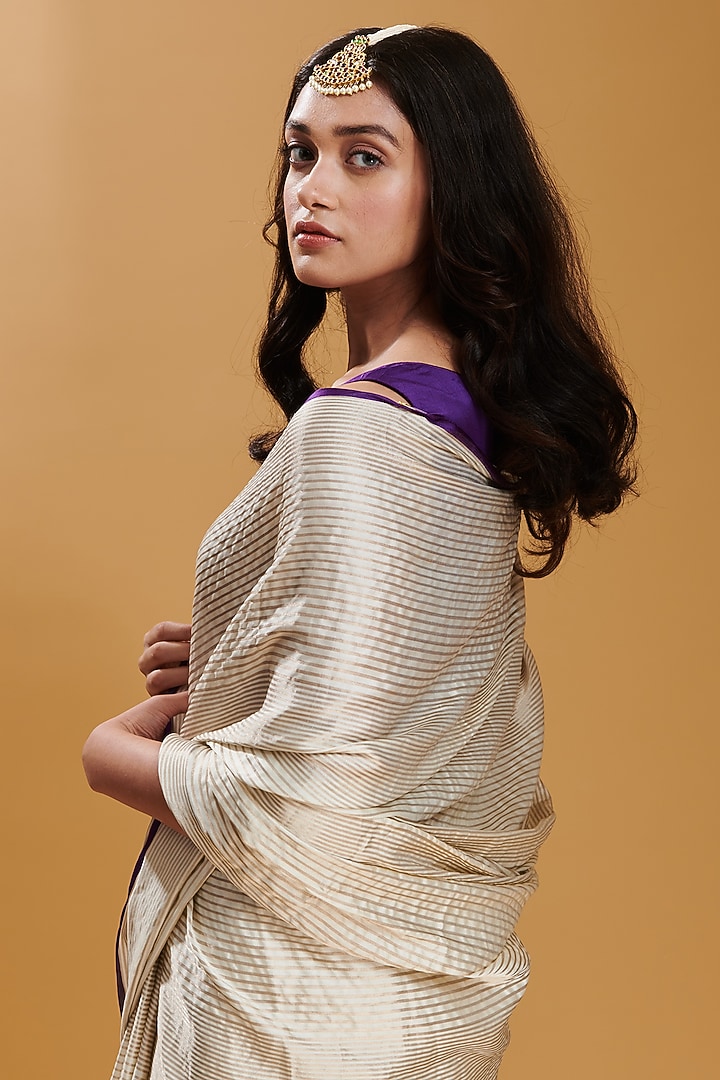 Ivory Handwoven Mulberry Silk Satin Party Wear Saree by Surmaye at Pernia's Pop Up Shop
