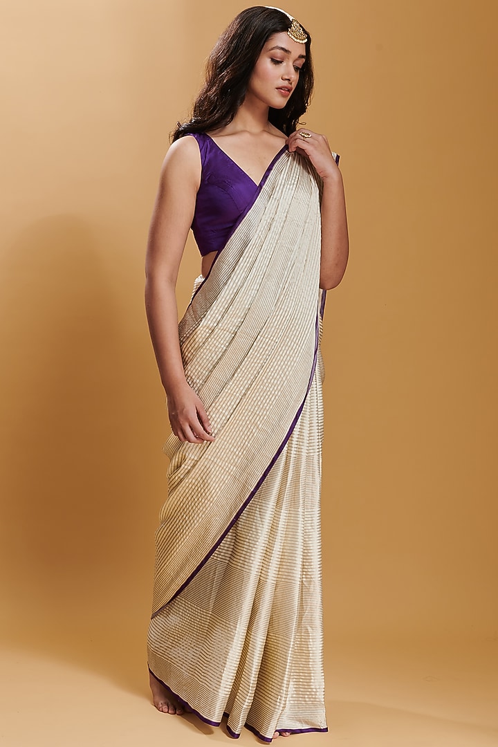 Ivory Handwoven Mulberry Silk Satin Party Wear Saree by Surmaye at Pernia's Pop Up Shop