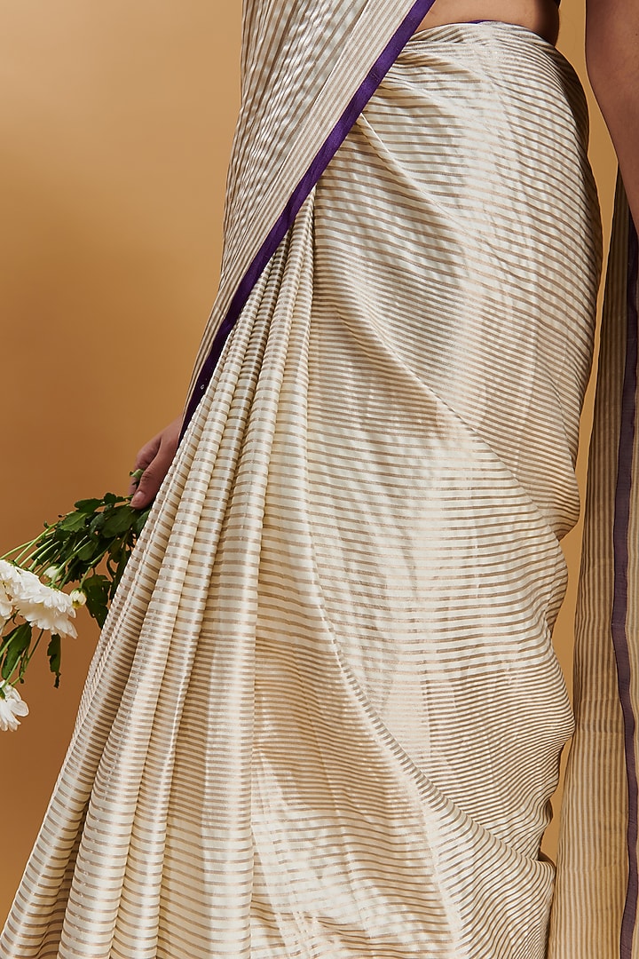 Ivory Handwoven Mulberry Silk Satin Party Wear Saree by Surmaye at Pernia's Pop Up Shop