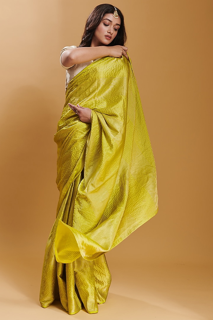 Yellow Handwoven Mulberry Silk Satin Party Wear Saree by Surmaye at Pernia's Pop Up Shop